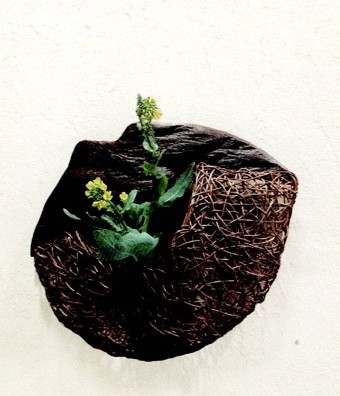 廣田弥生の籐と木による書け掛け花入れ作品。自然素材が生み出す造形美が印象的。